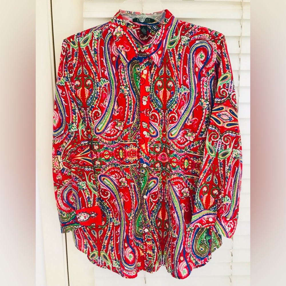 Lauren Ralph Lauren Women Red Paisley Button Down Long Sleeve Blouse L VTG EUC!
